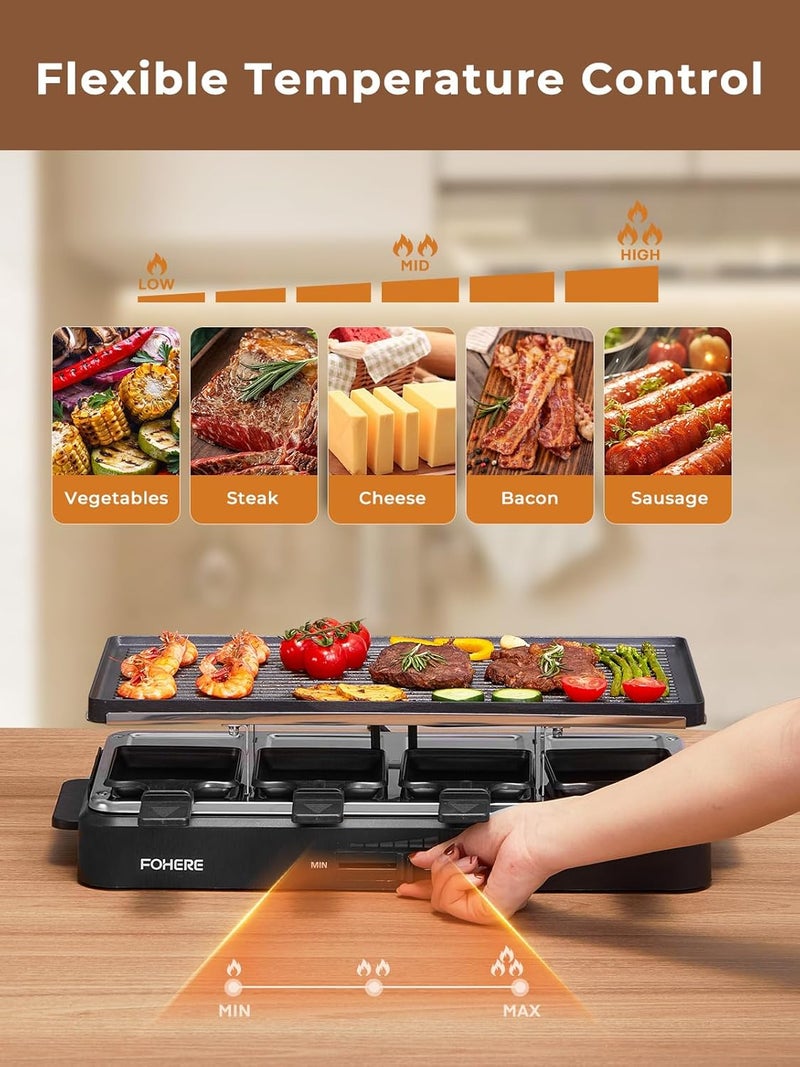 FOHERE Raclette Grill, 2 in 1 Raclette Table Grill Indoor, 1500W Korean BBQ Grill Electric Griddle with Reversible Non-stick plate, Adjustable Temp Control and 8 Paddles for Parties and Family Fun - Image 3